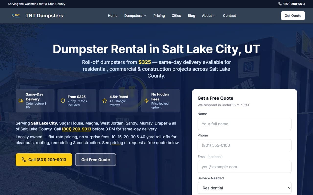 T&T Dumpsters website screenshot